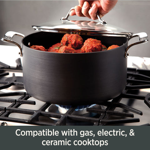 All‑Clad strainer insert closeup showing perforations and easy draining benefit