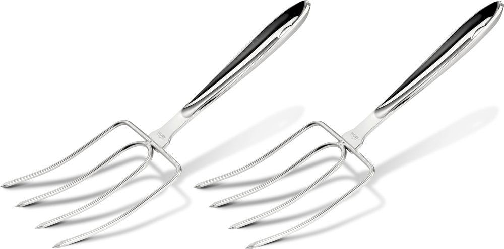 All-Clad turkey forks front view showing polished 18/10 stainless and ergonomic handle for durability