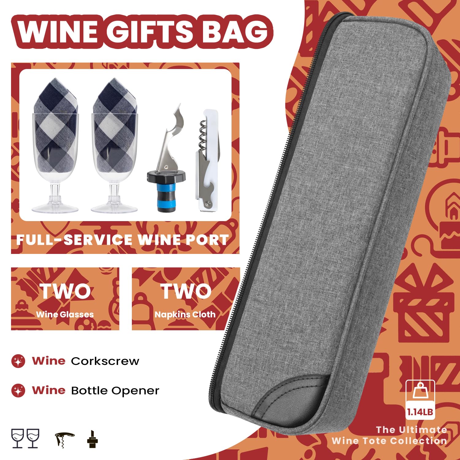 ALLCAMP included plastic wine glasses, corkscrew, stopper and napkins neatly displayed, ready to use