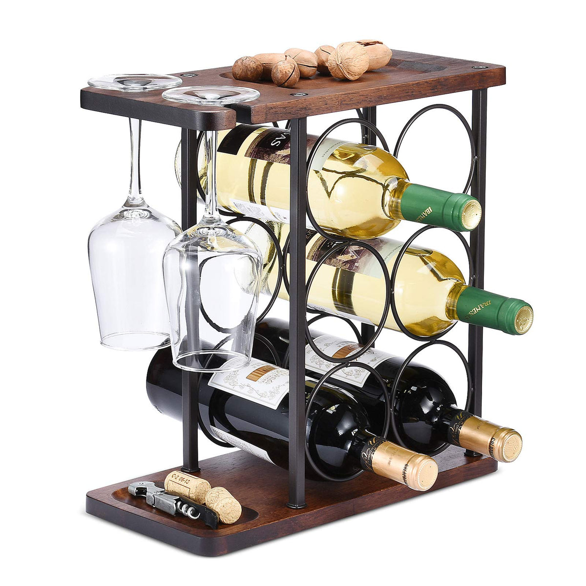 ALLCENER front view countertop wine rack showing six bottles and two glasses for organized display