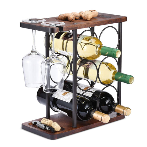 ALLCENER front view countertop wine rack showing six bottles and two glasses for organized display