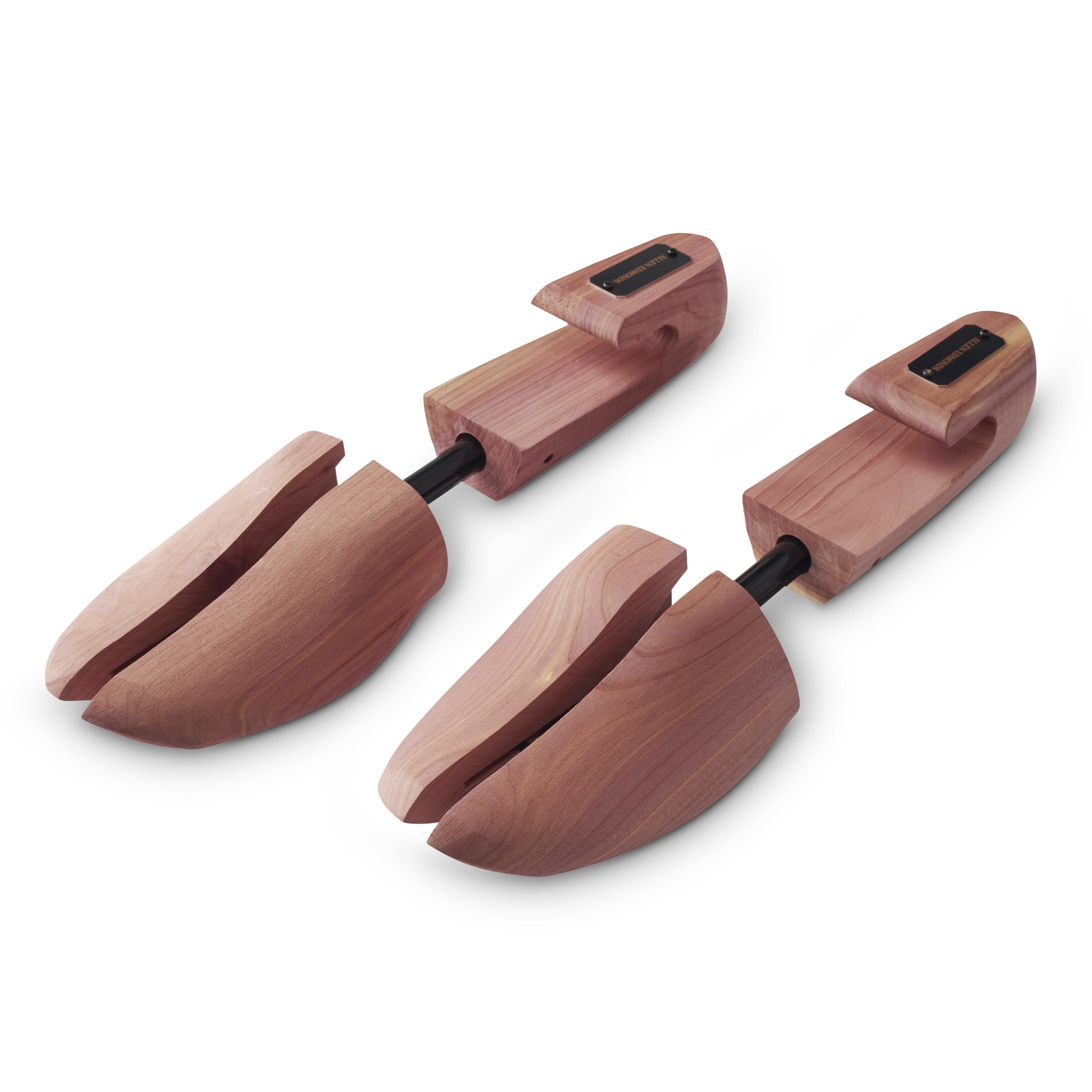 Allen Edmonds front view of cedar shoe tree showing two-piece design and fit benefit