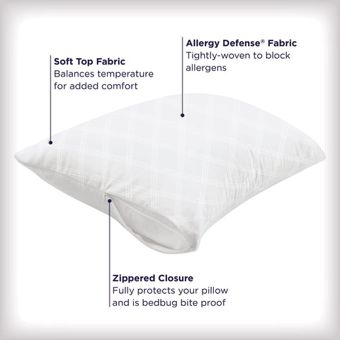 Aller-Ease protector on pillow in bedroom demonstrating quiet comfortable sleep benefit