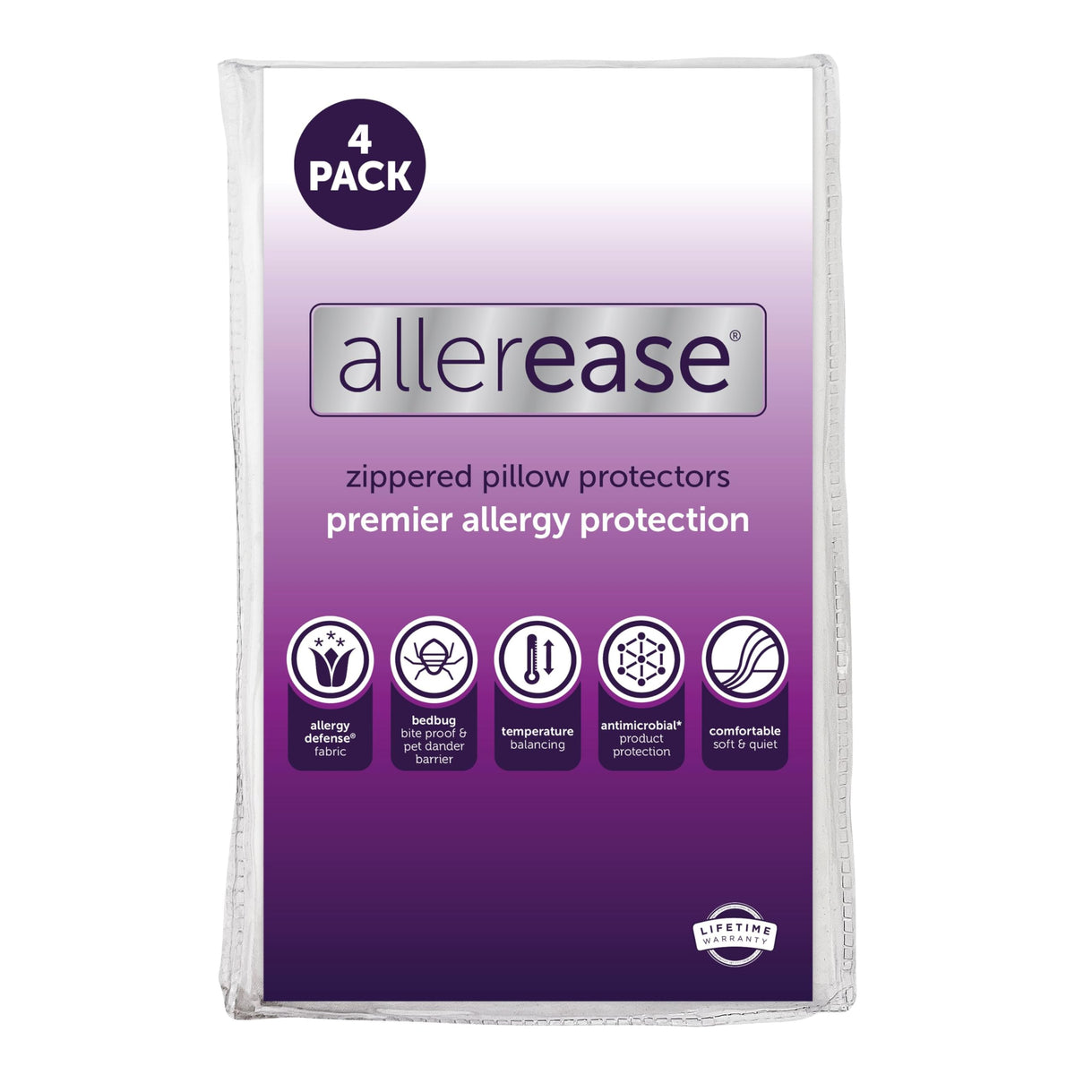 Aller-Ease front view of four king pillow protectors showing packaging and set benefit