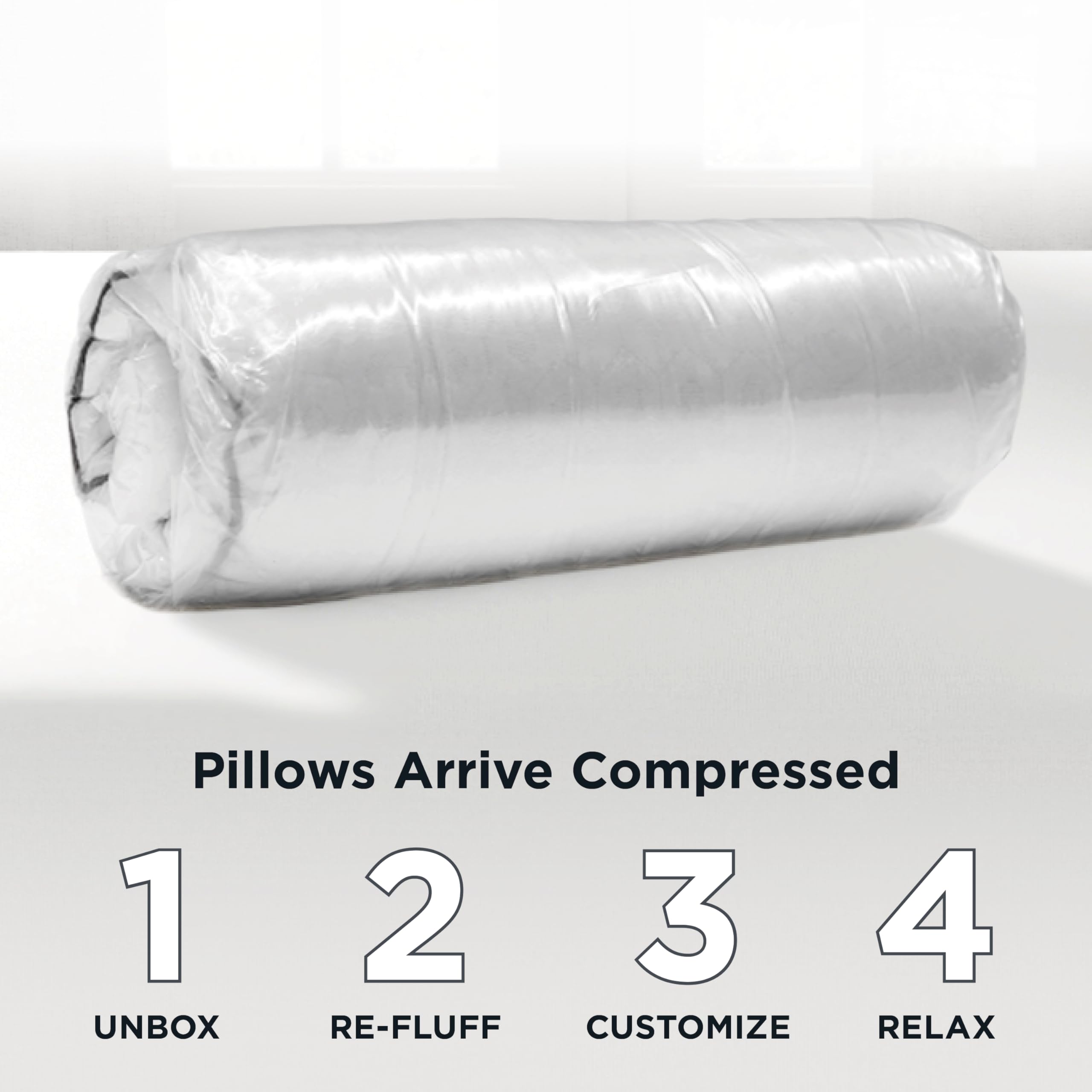 Aller-Ease compressed pillow in shipping bag illustrating space-saving delivery