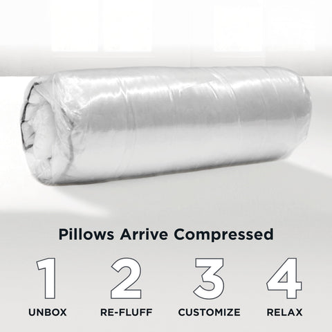 Aller-Ease compressed pillow in shipping bag illustrating space-saving delivery