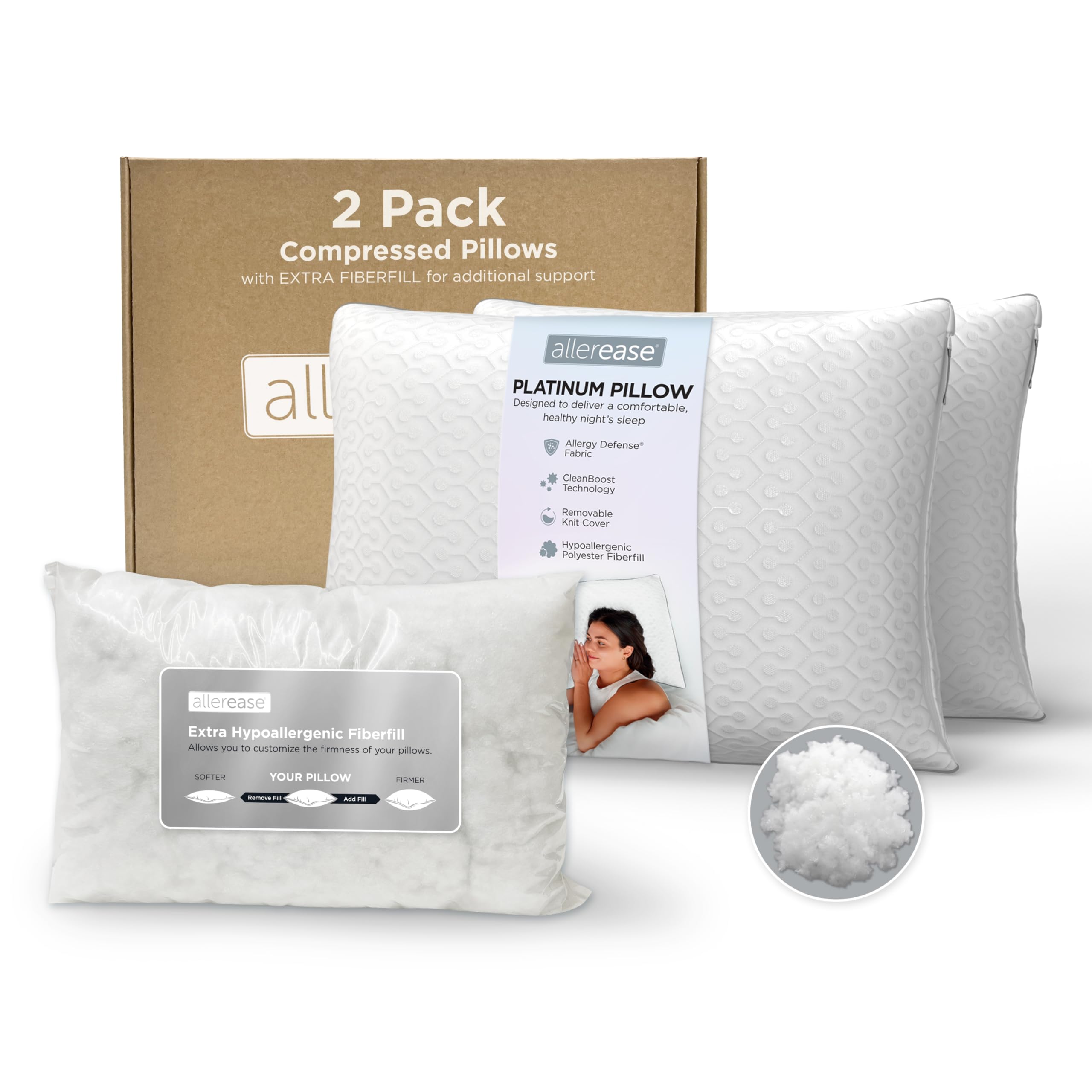 Aller-Ease pillow front packaging showing two-pack and key features for convenience