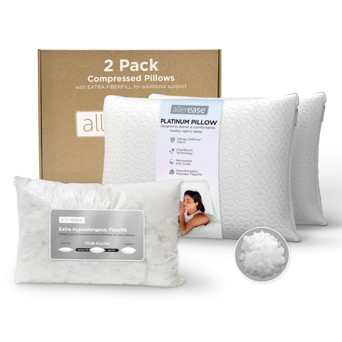 Aller-Ease pillow front packaging showing two-pack and key features for convenience