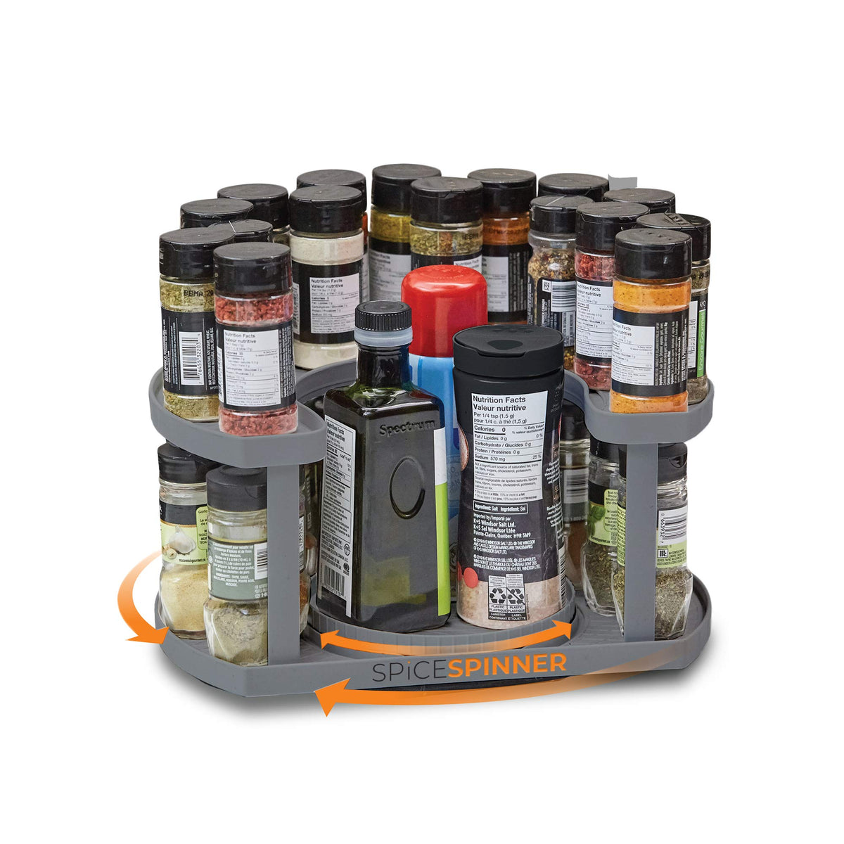 Allstar Innovations front view of grey spice spinner showing organized bottles and space saving
