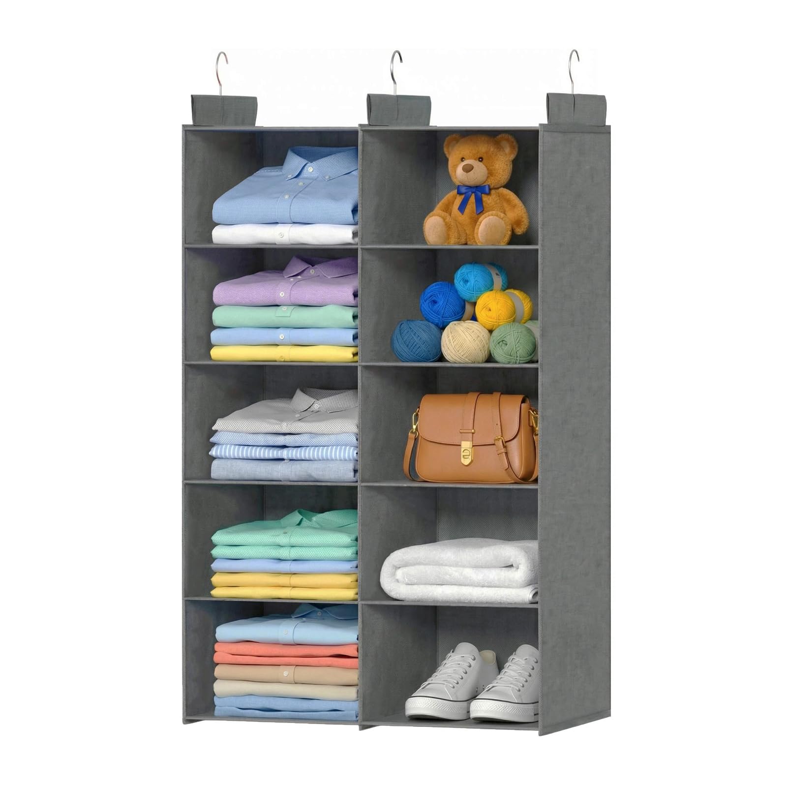 ALLTIDYUP front view of 5-tier hanging organizer showing neat folded clothes and space saving
