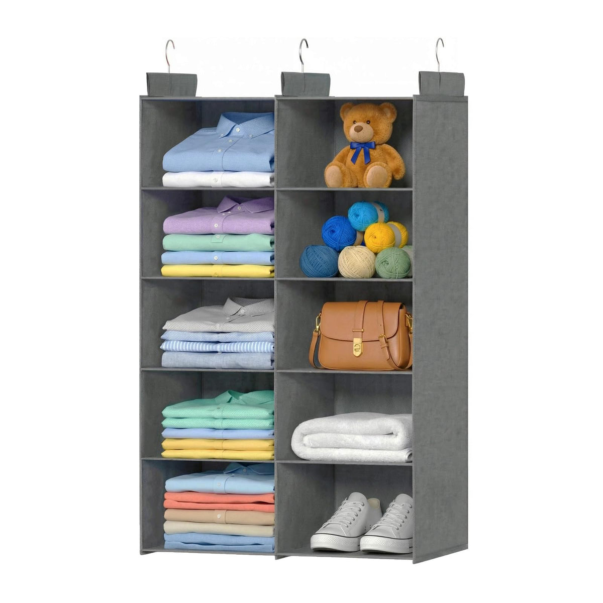 ALLTIDYUP front view of 5-tier hanging organizer showing neat folded clothes and space saving