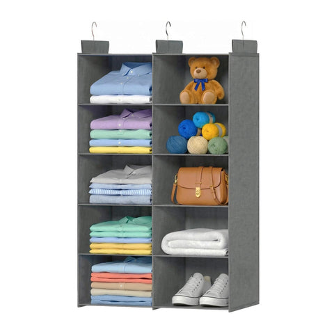 ALLTIDYUP front view of 5-tier hanging organizer showing neat folded clothes and space saving