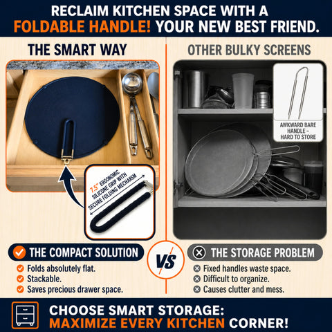 Allumerous folded flat splatter screen for compact storage and space-saving benefit