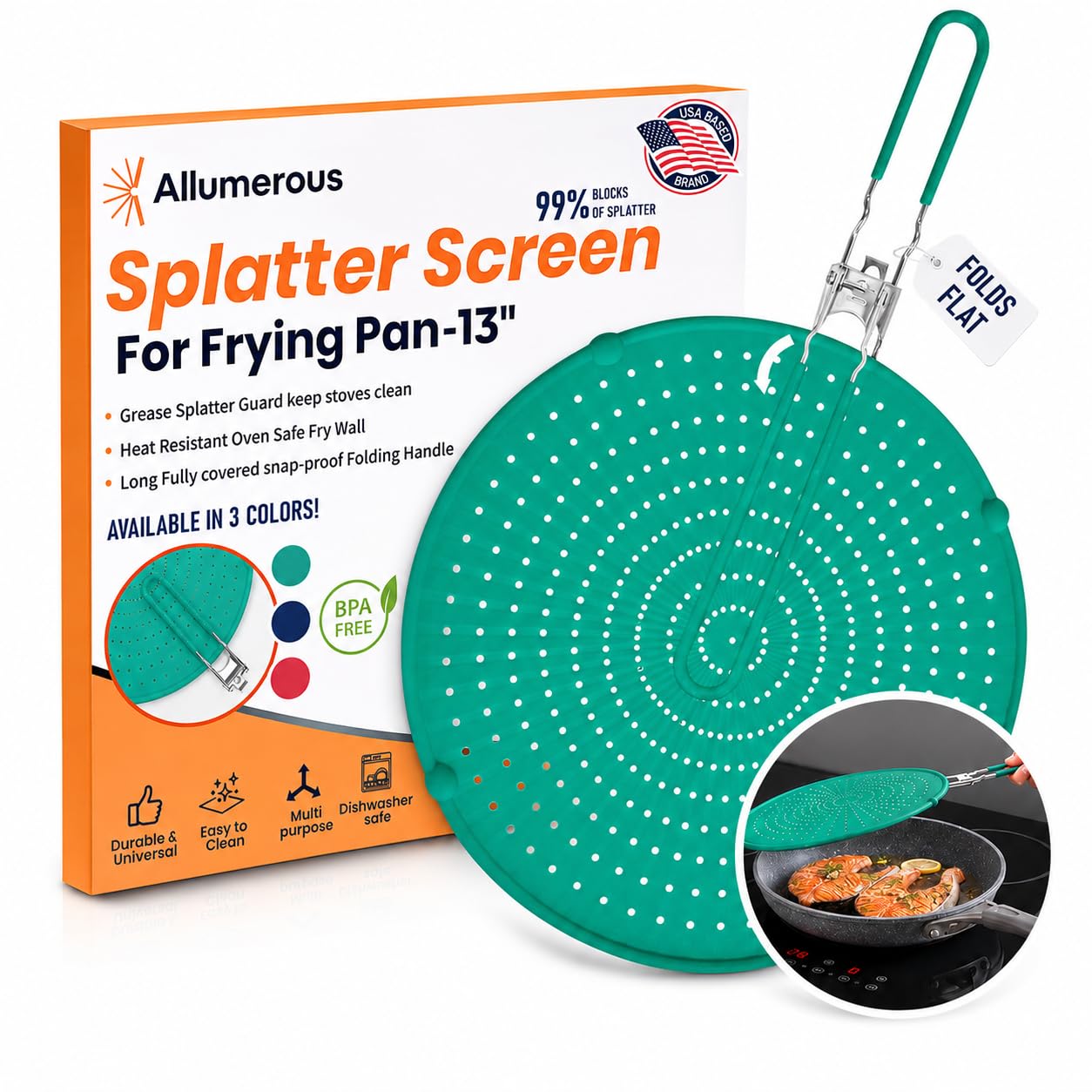 Allumerous front view of green splatter screen protecting pan, reduces mess