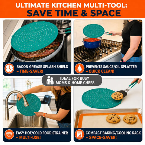 Allumerous splatter screen on frying pan in use, prevents oil splashes