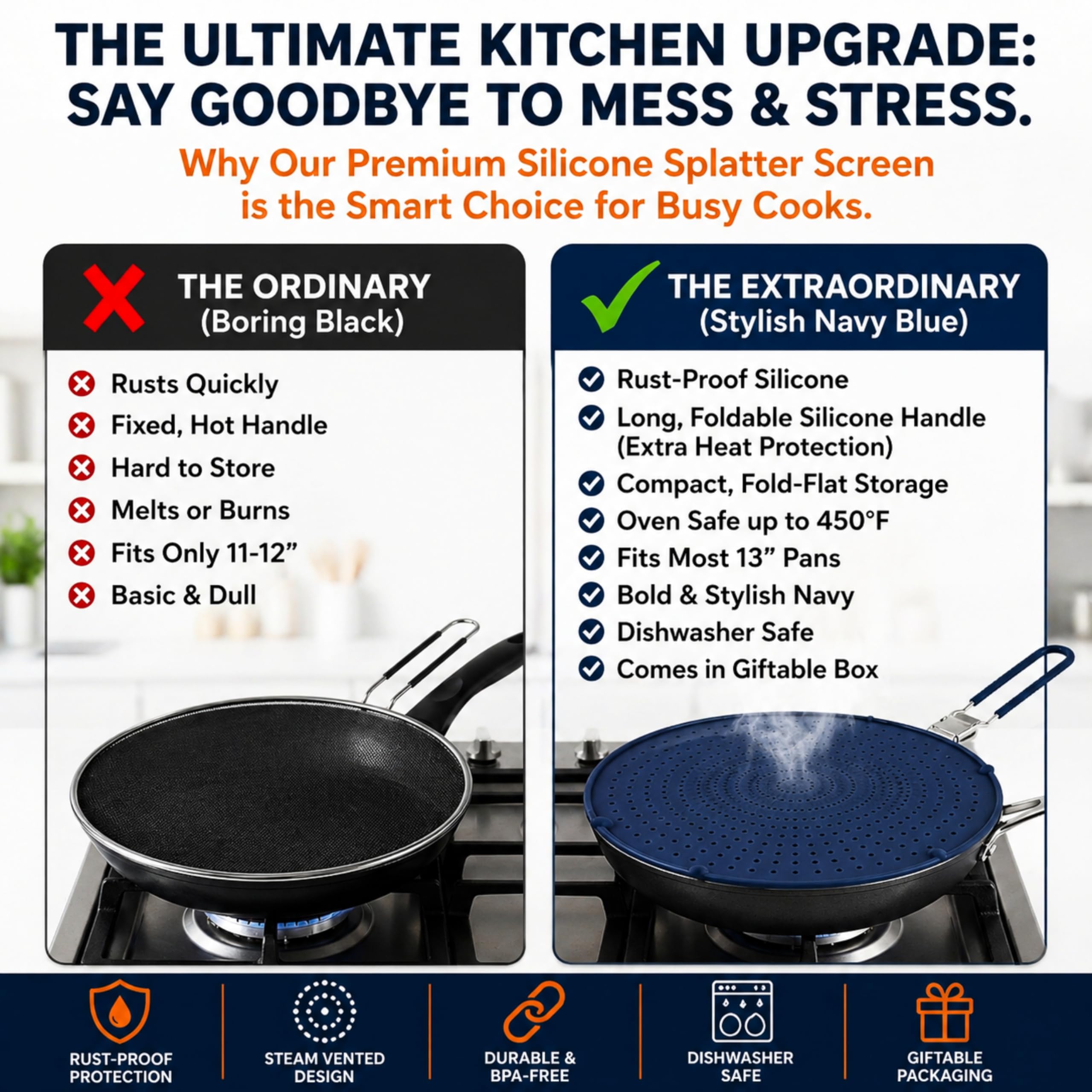 Allumerous splatter screen on pan with bacon showing reduced grease splatter benefit
