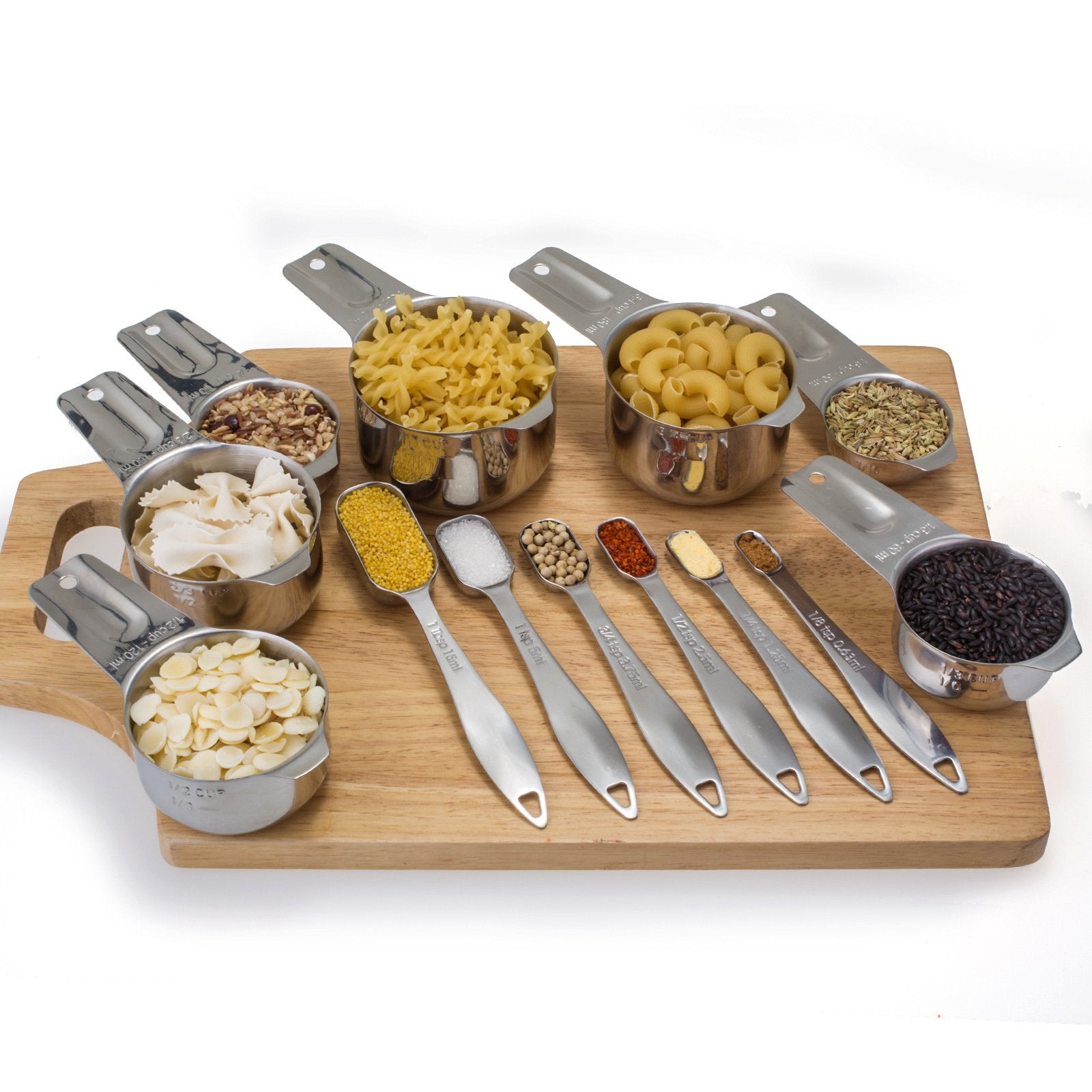 ALLWIN-HOUSEWARE cups and spoons next to a ruler showing compact size range