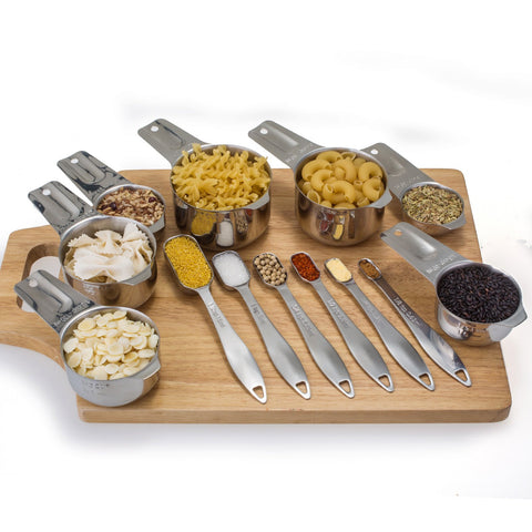 ALLWIN-HOUSEWARE cups and spoons next to a ruler showing compact size range