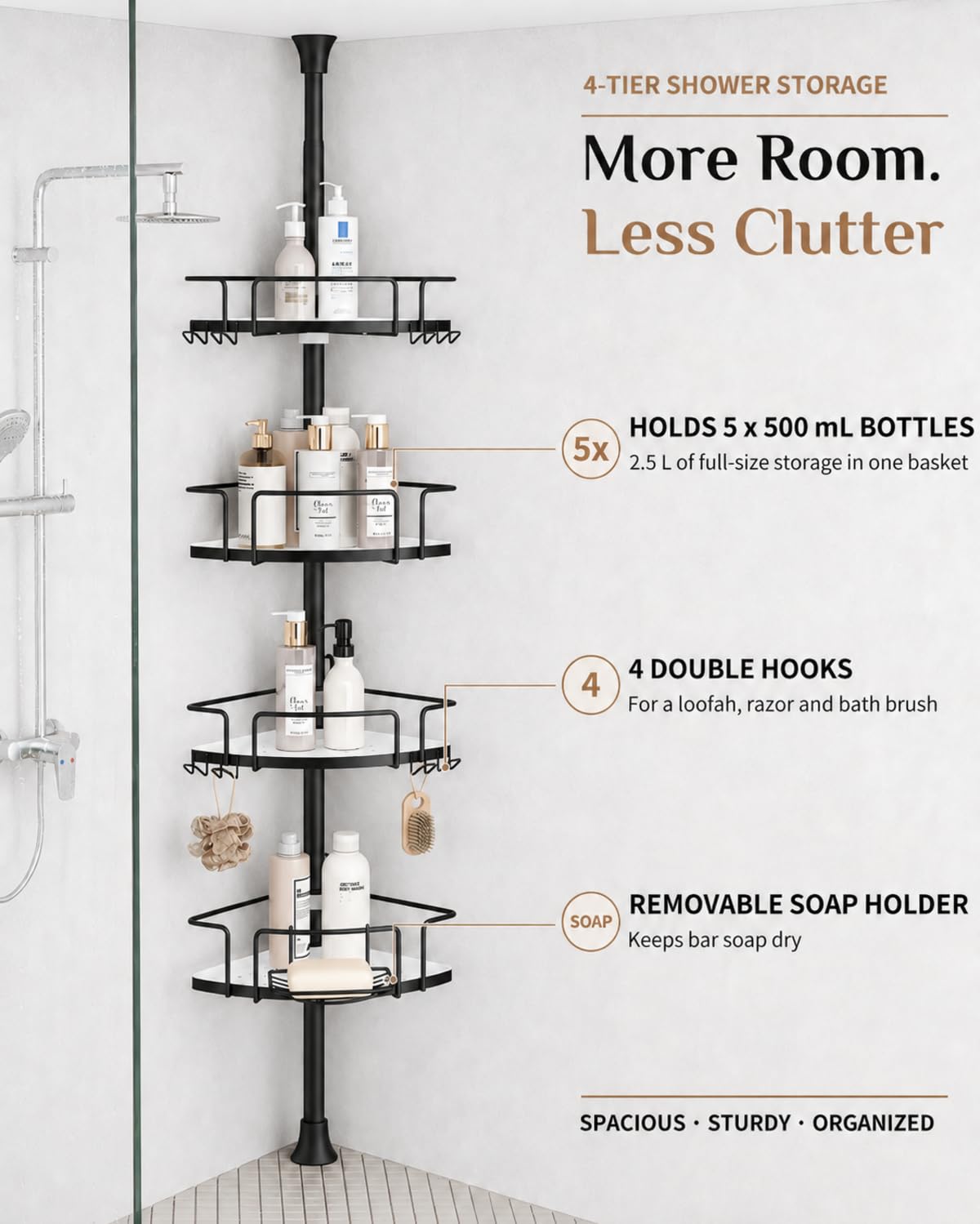 ALLZONE dual hooks and soap dish keeping razors, towels, and soap tidy