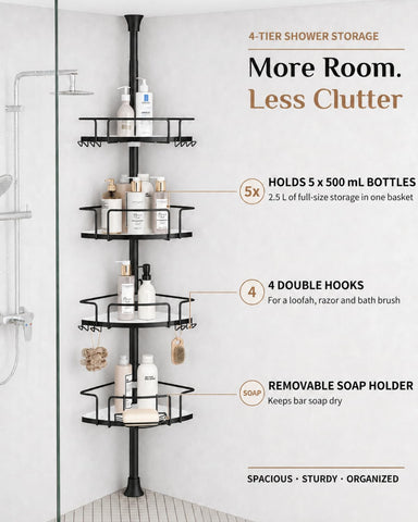 ALLZONE dual hooks and soap dish keeping razors, towels, and soap tidy