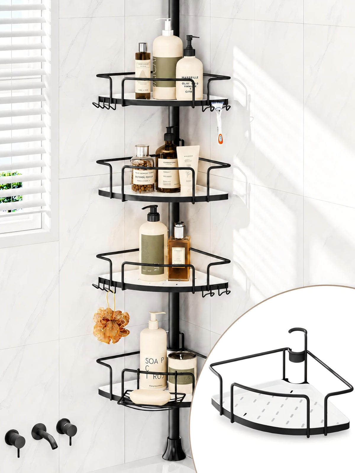 ALLZONE front view of corner caddy showing organized bottles and stability