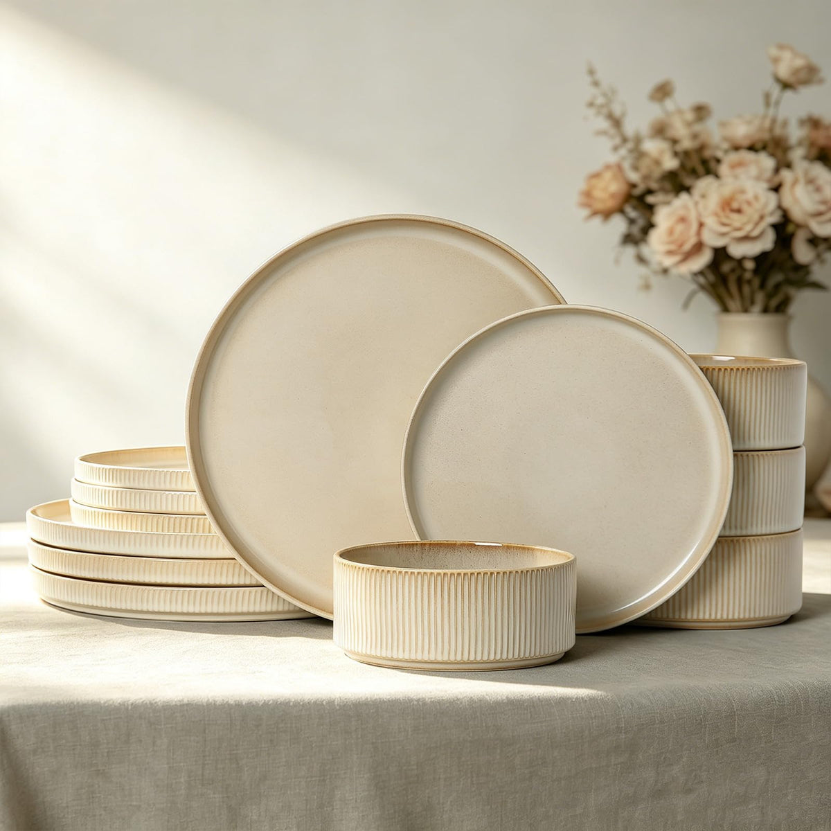 ALOFMO front view of full beige 12-piece set showing neat presentation and cohesive styling