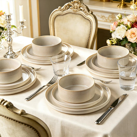 ALOFMO overhead shot of ribbed dinner plate highlighting visual texture and plating space