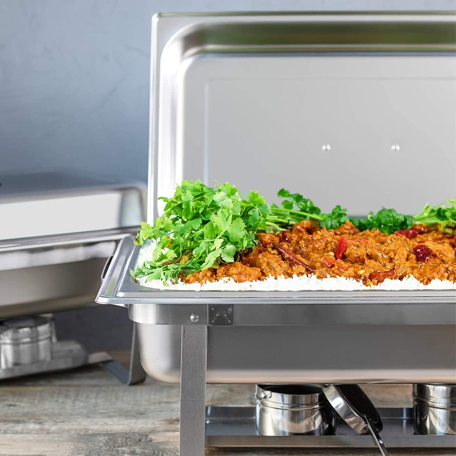 ALPHA LIVING buffet display with chafers showing professional presentation and event readiness