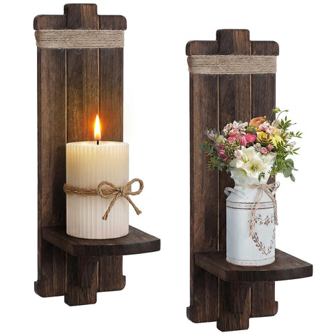 Alphatool front view of both sconces showing finished varnish and rustic appeal