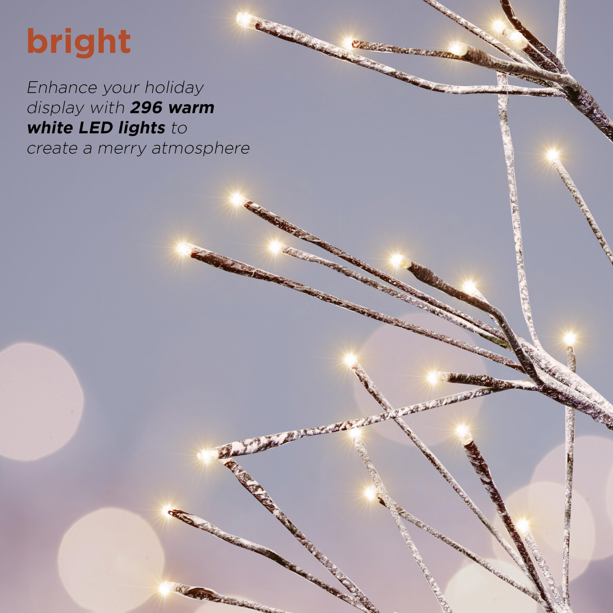 Alpine Corporation pre-lit tree at dusk with warm white LEDs creating cozy lighting