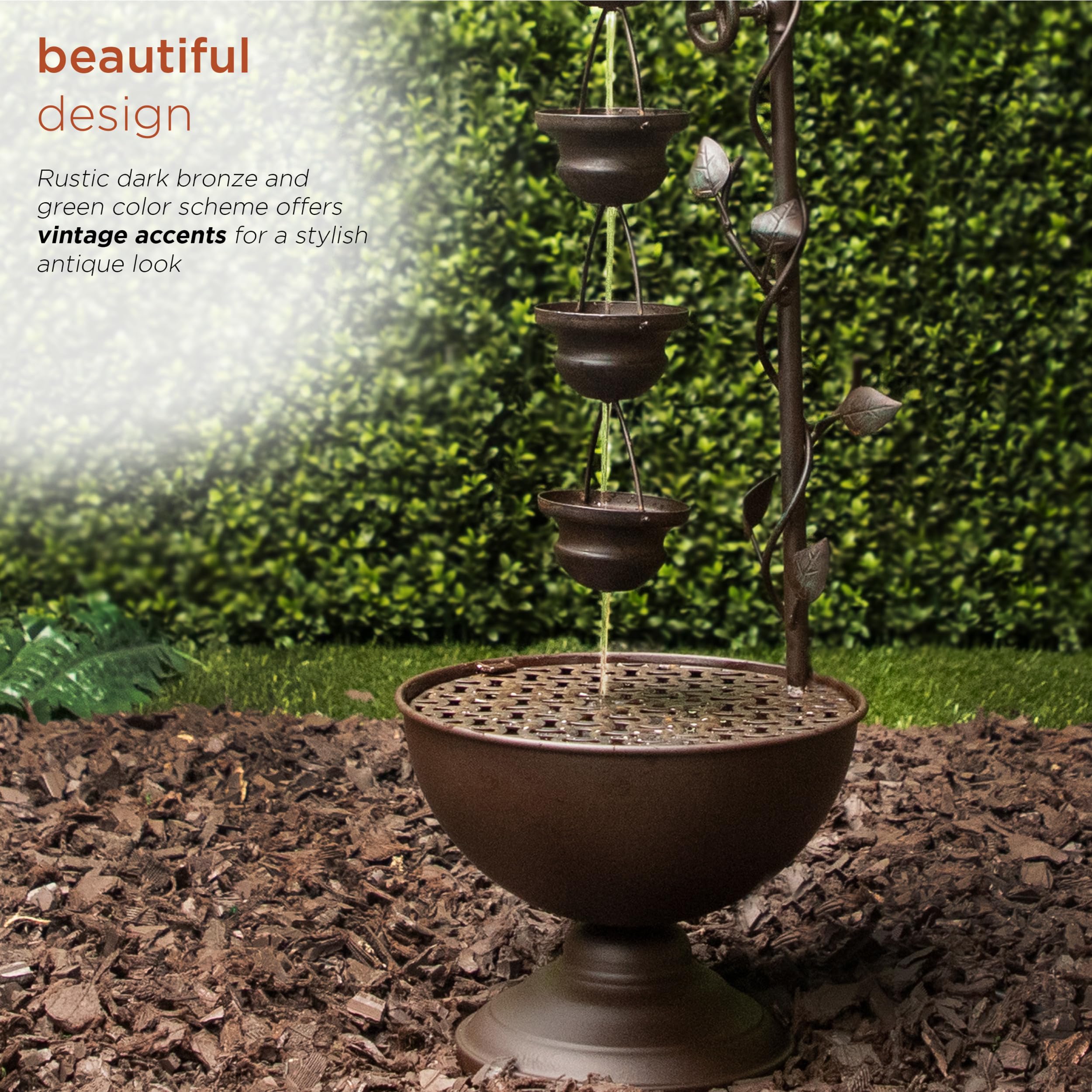 Alpine Corporation fountain next to patio chair demonstrating size and scale