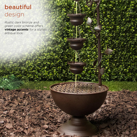 Alpine Corporation fountain next to patio chair demonstrating size and scale