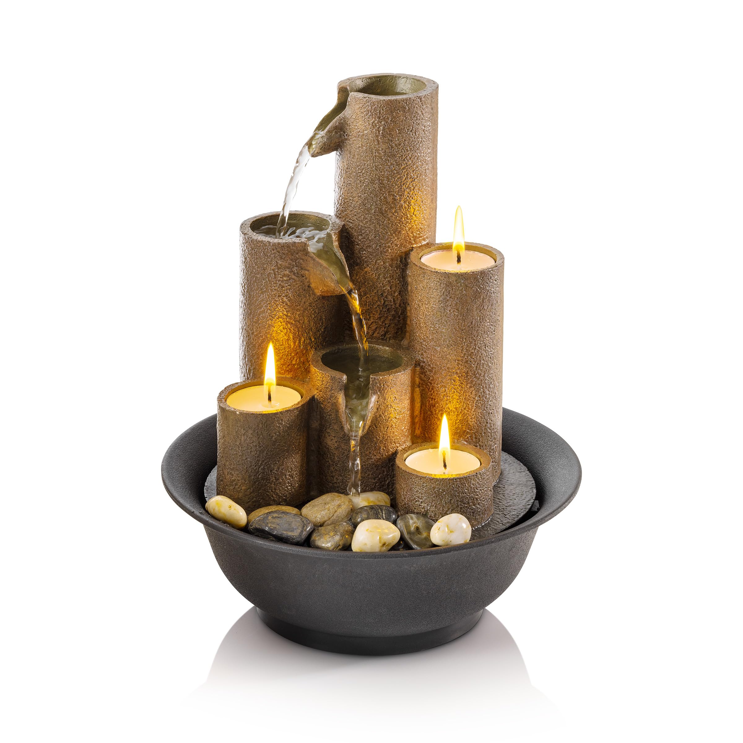 Alpine Corporation fountain front view showing compact tiered design and calm benefit