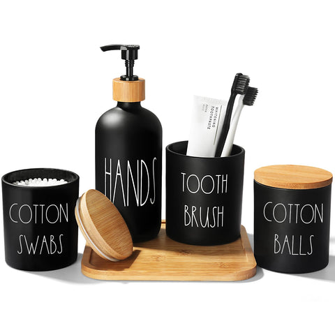 ALPIRIRAL front view of complete matte black glass five-piece set showing organized countertop