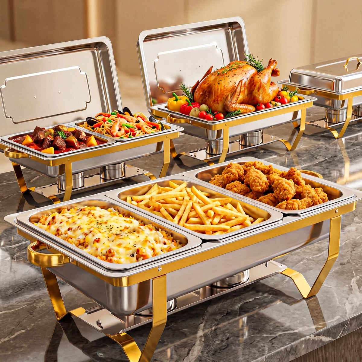 ALSO GO front view of rectangular chafing dish set showcasing polished finish and frame — professional presentation
