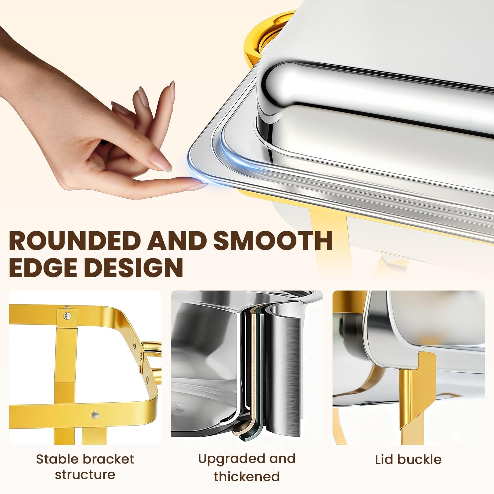 ALSO GO polished stainless steel surface detail that wipes clean and resists staining for neat presentation