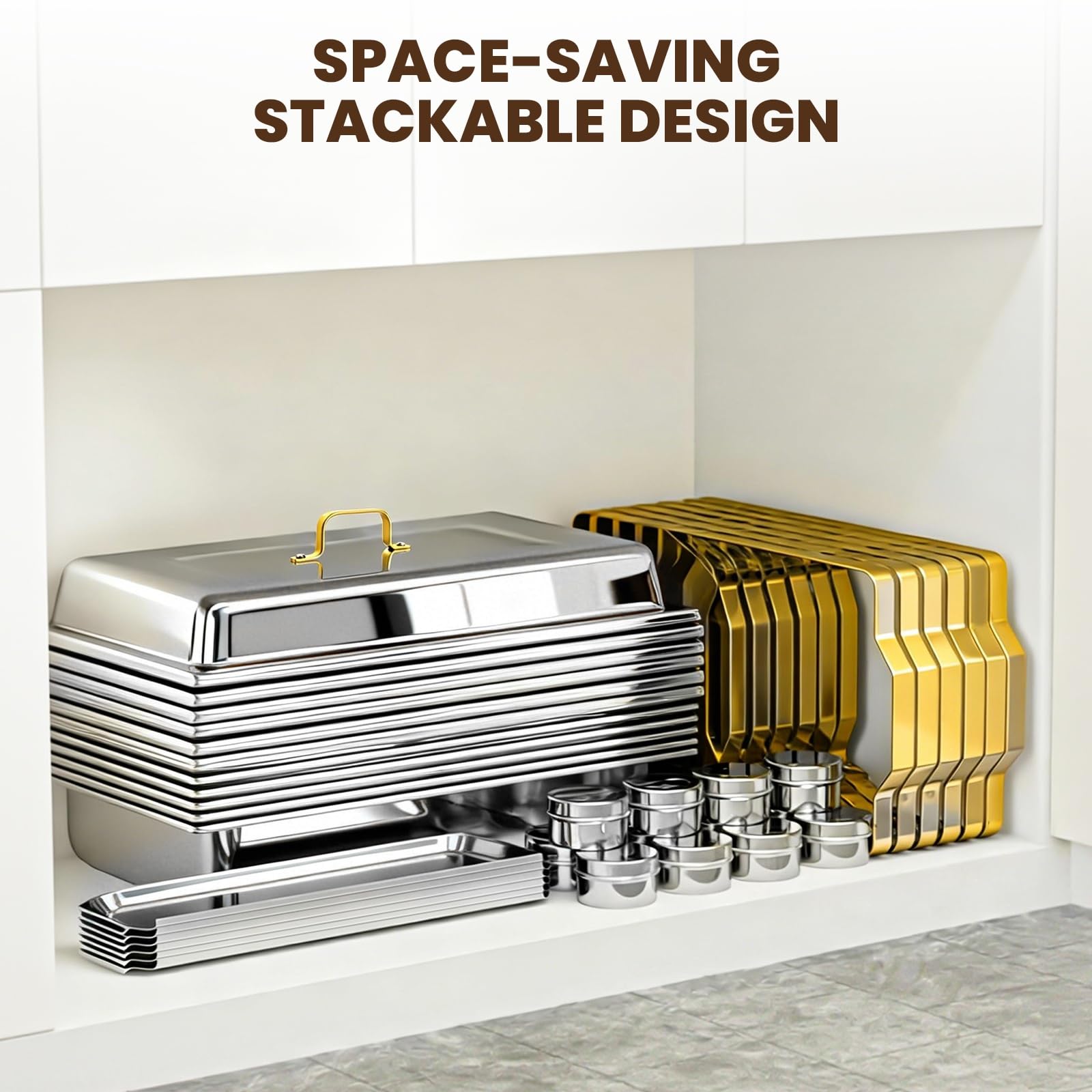 ALSO GO chafing dish beside standard cookware to show 9QT pan capacity and scale for portion planning