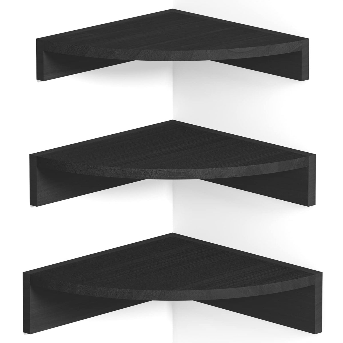Alsonerbay front view of three black corner shelves showing compact storage