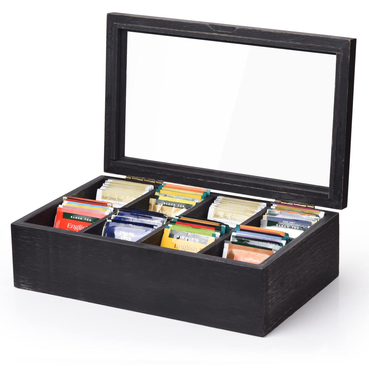 Alsonerbay front view showing weathered black box and clear lid, keeps countertop tidy