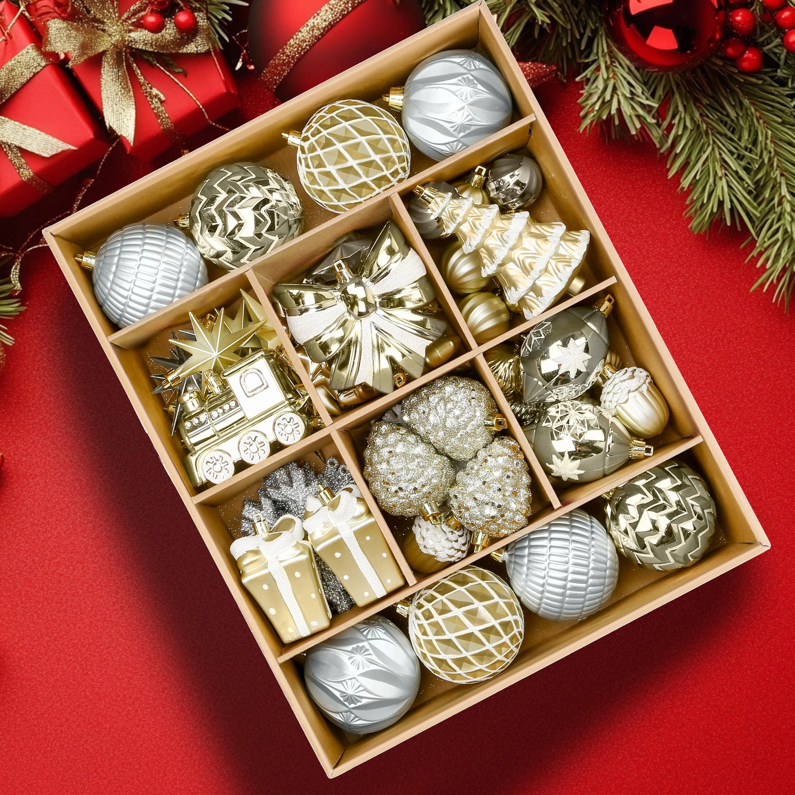 Alupssuc front packaging displaying full white and gold ornament set for easy selection