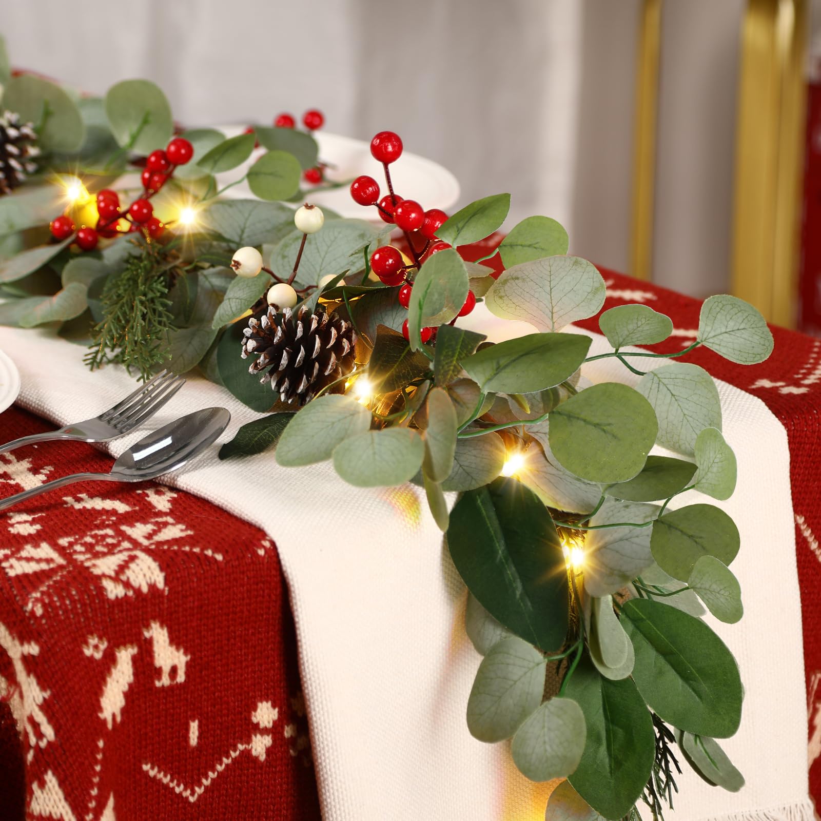 Alupssuc draped along staircase railing, adds layered holiday decoration
