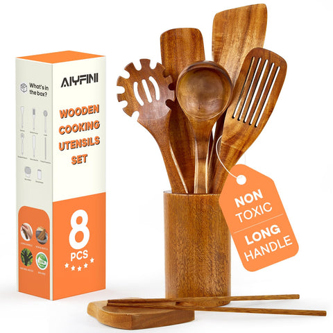 Alyfini front view of complete 8-piece set showing organized holder and spoon rest benefit