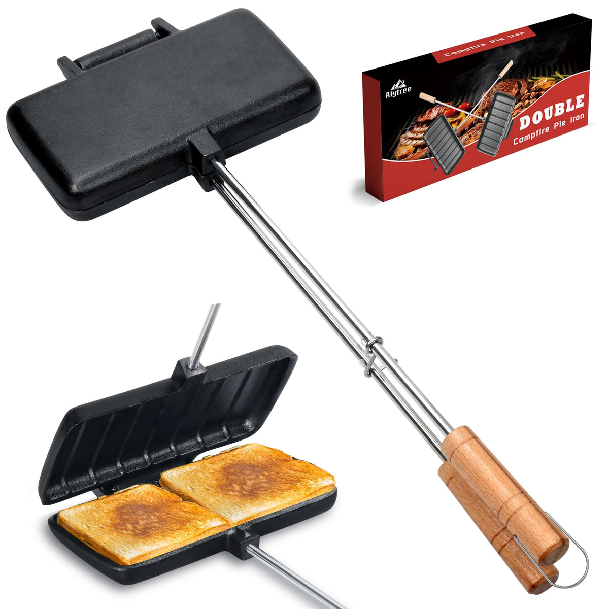 Alytree front view of double cast iron pie iron showing large cooking face and durability
