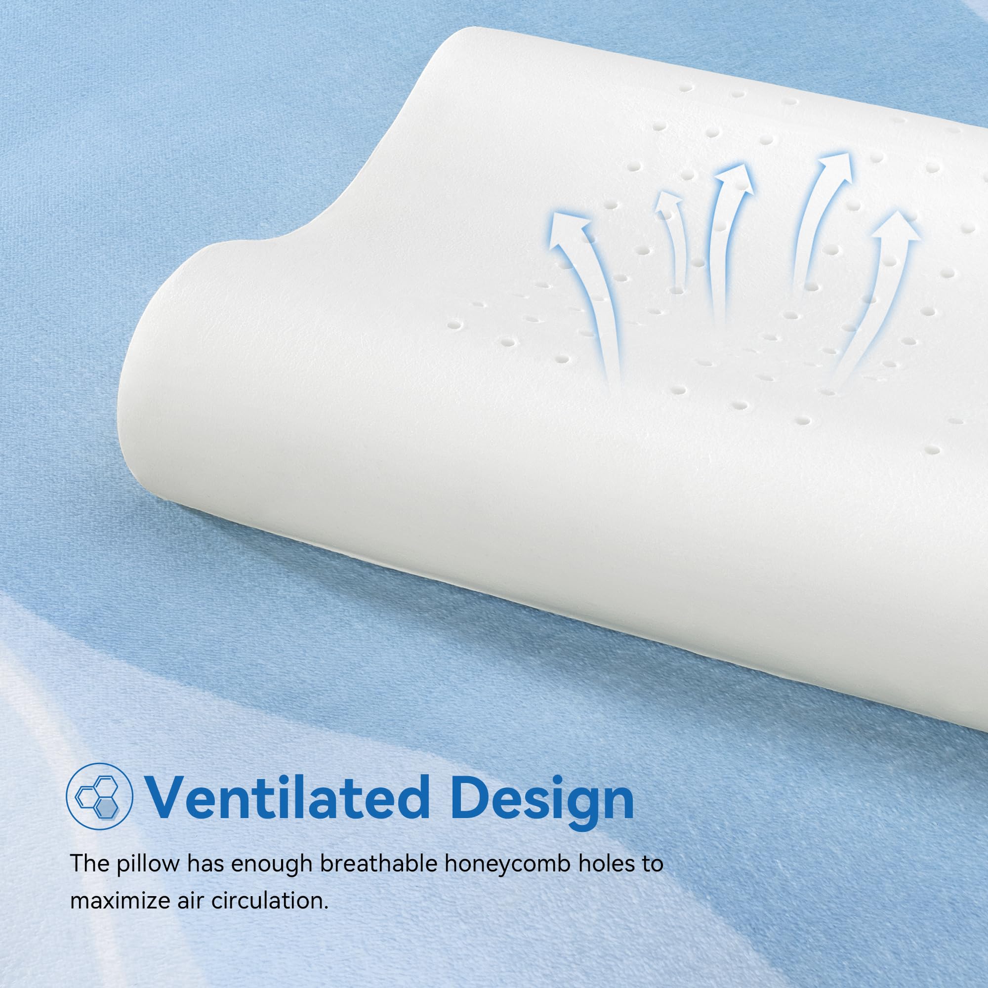 AM AEROMAX contour pillow styled on bed with linens, promotes restful bedroom aesthetic