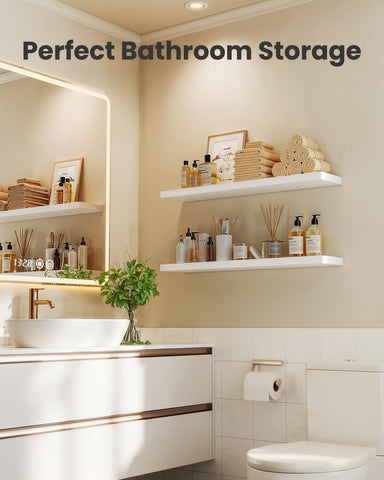 AMADA HOMEFURNISHING bathroom shelf holding towels and toiletries to save counter space