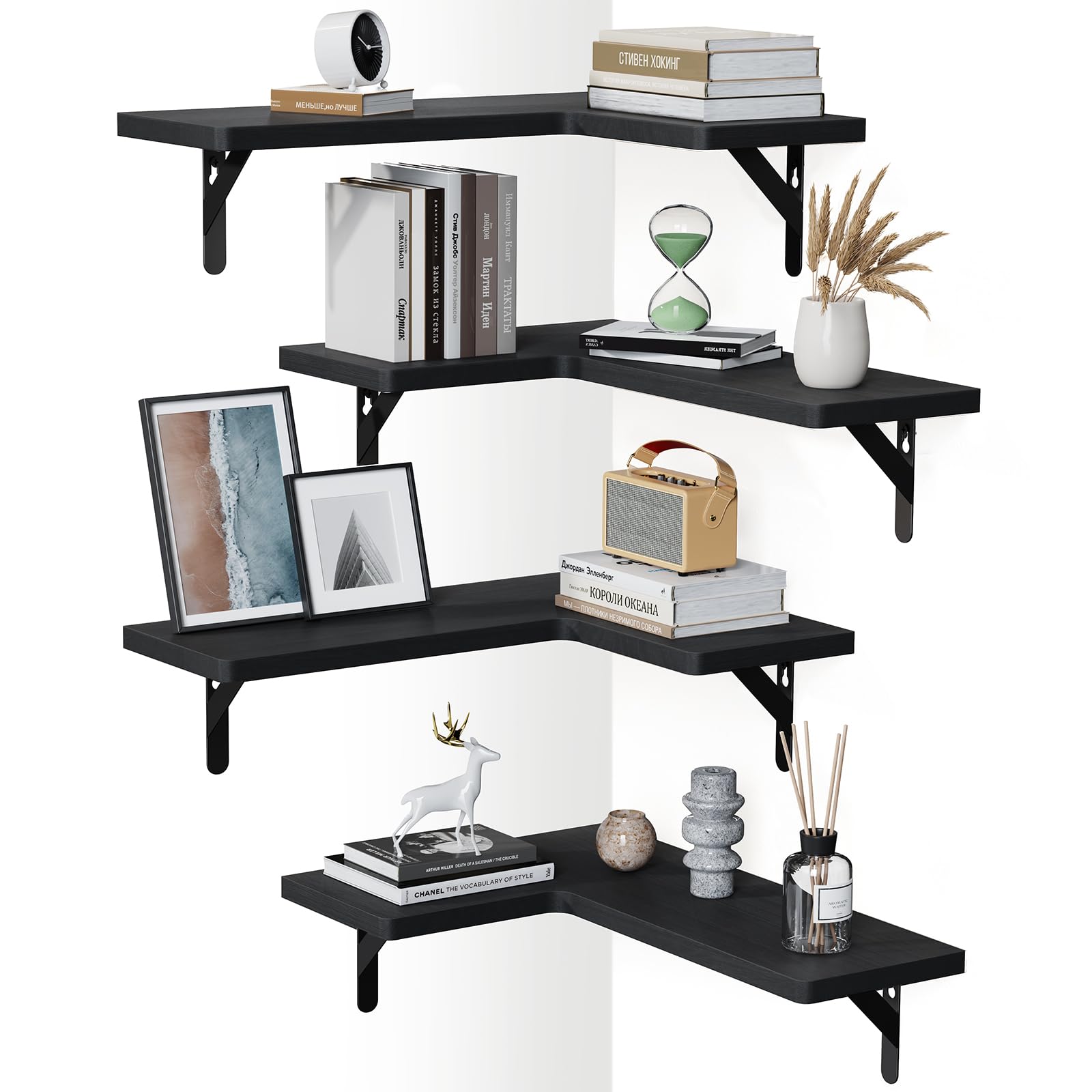 AMADA front view of four black corner shelves showing clean modern styling