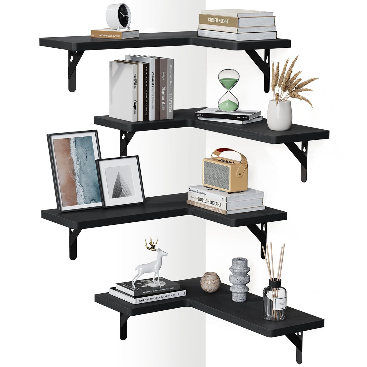 AMADA front view of four black corner shelves showing clean modern styling