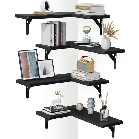 AMADA front view of four black corner shelves showing clean modern styling