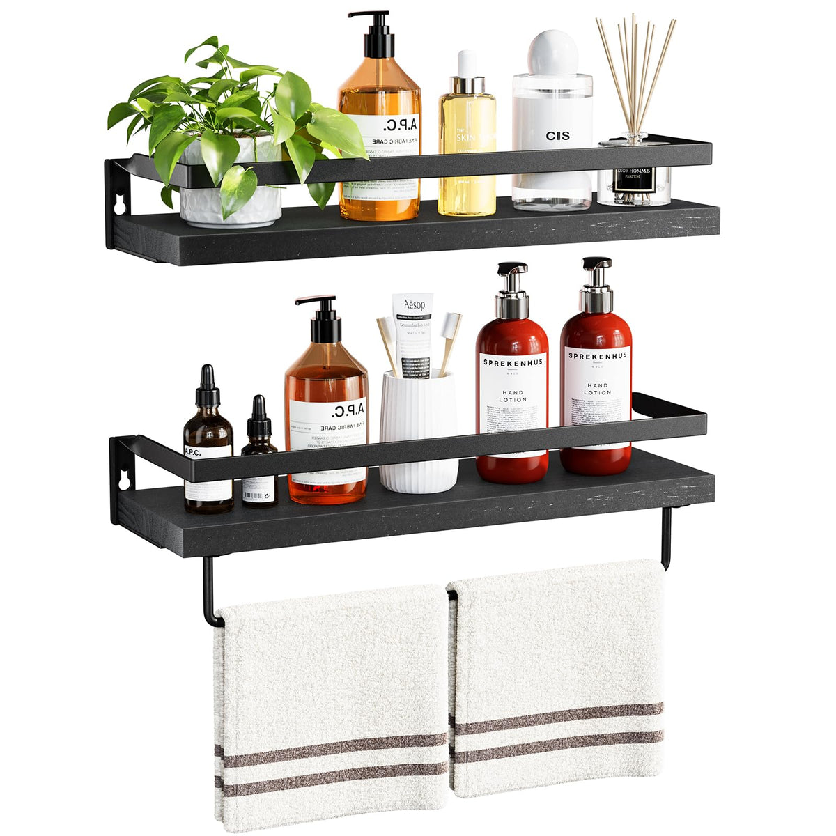 AMADA HOMEFURNISHING front view of two black floating shelves showing sleek organization benefit