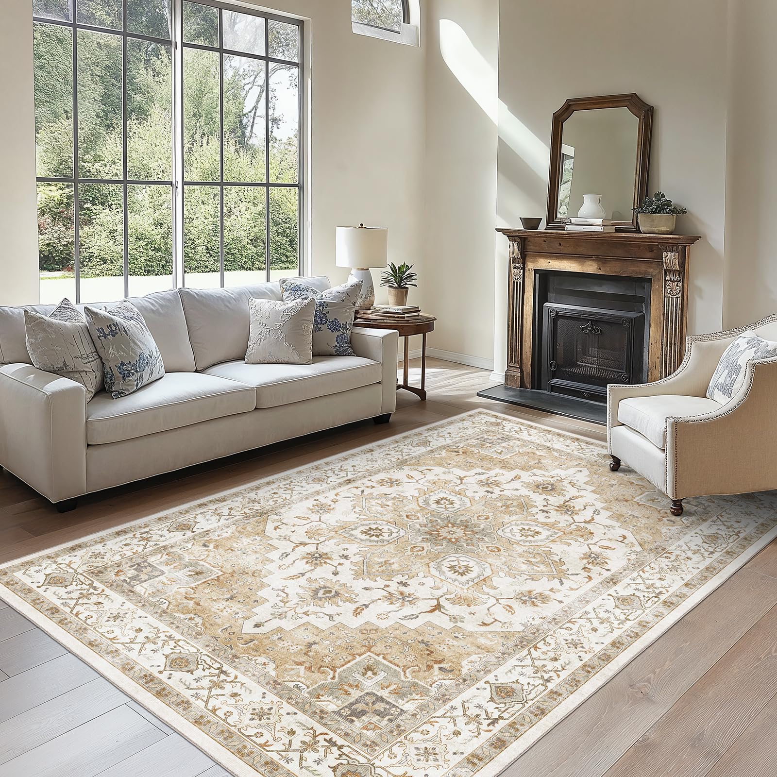 AMADA HOMEFURNISHING front view of beige 6x9 rug showing vintage wash and balance
